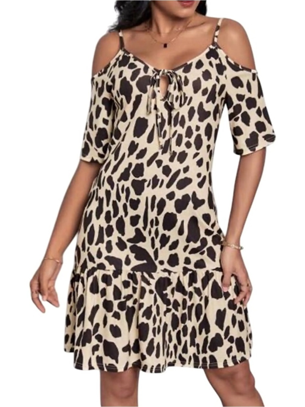 Misslook Tan Leopard Print Cold Shoulder Mini Dress Tie Front Ruffle Hem Medium